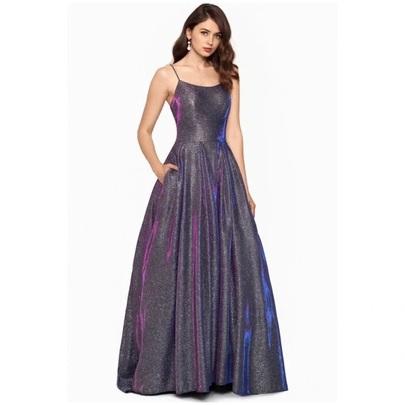 green emerald velvet dress Betsy & Adam Women's Glitter Drape-Back Cape Gown - Blush/Gold